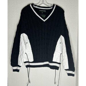 Thale Blanc The Power Of Words Sweater Womens Medium Black White Cable V Neck